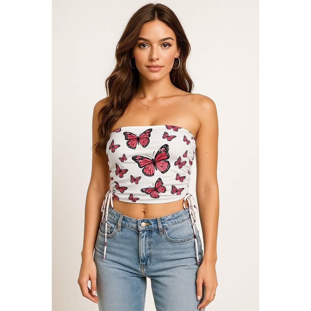 Orange Kiss Bandeau Top Womens XL White Butterfly Monarch Ruched‎ Tube Cropped